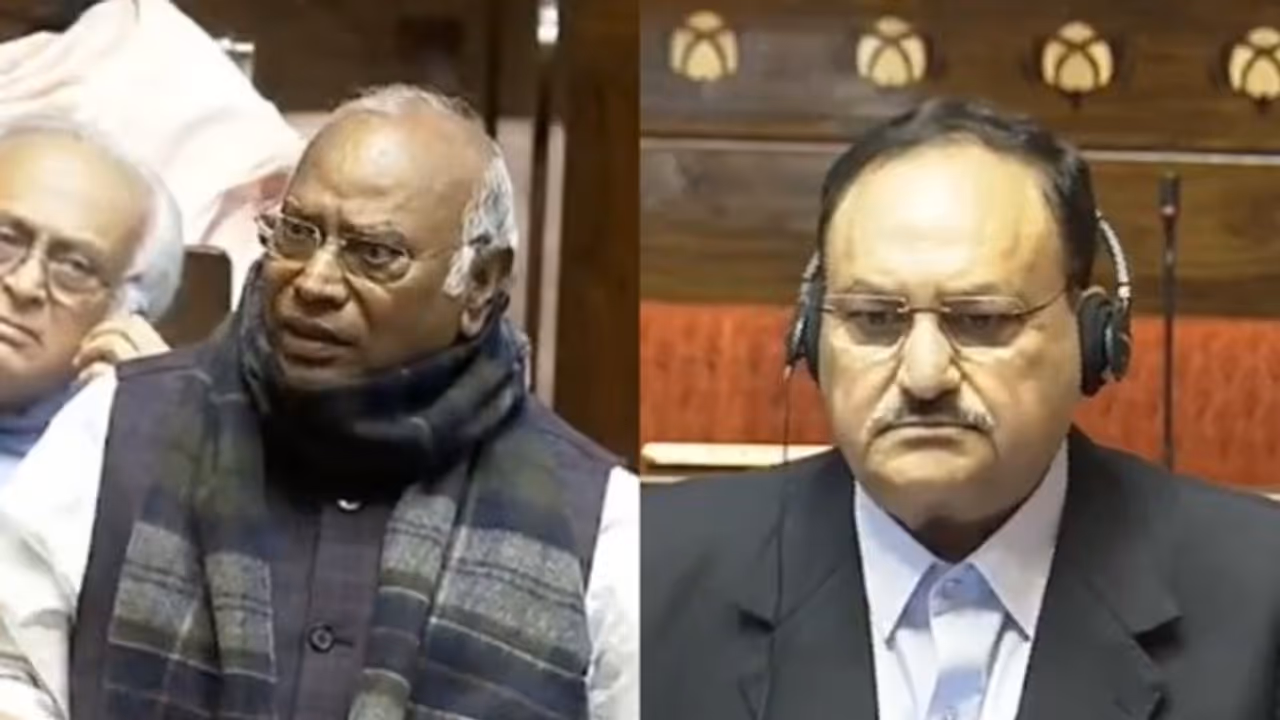 Congress President Mallikarjun Kharge and BJP President JP Nadda (Photo credit: Sansad TV) Congress President Mallikarjun Kharge and BJP President JP Nadda (Photo credit: Sansad TV)