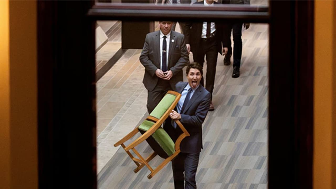 A tongue in cheek farewell: Justin Trudeau exits Parliament with chair in tow, marking end of his tenure