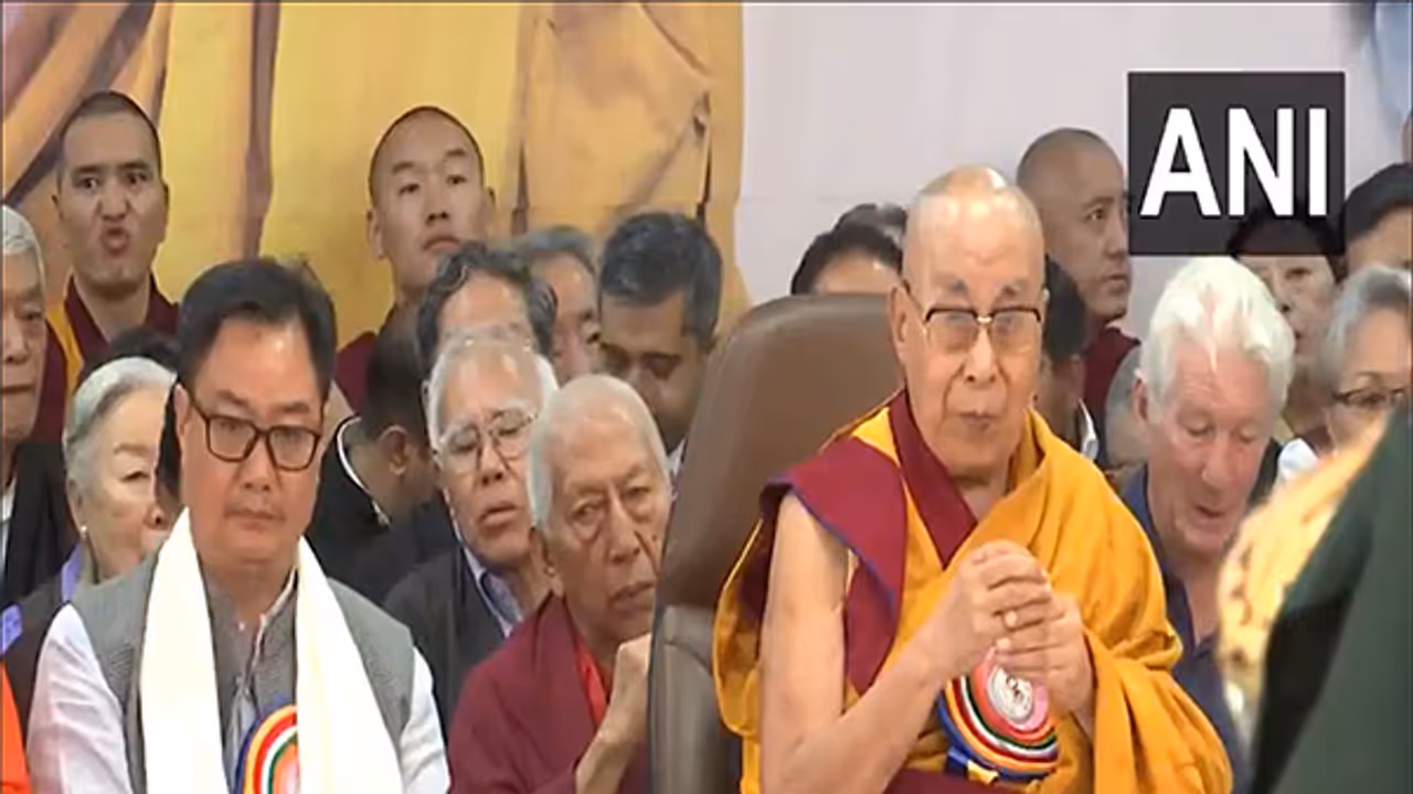Union Ministers Kiren Rijiju and Dalai Lama at the birthday celebration (Photo/ANI)