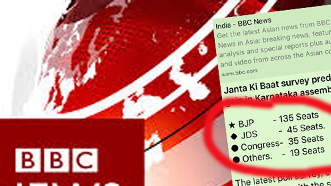ബിജെപിക്ക് കര്ണാടകയില് 135 സീറ്റിന്റെ വമ്പന് വിജയം പ്രവചിച്ച 'സര്വ്വേ ഫലം' വ്യാജമെന്ന് ബിബിസി ബിജെപിക്ക് കര്ണാടകയില് 135 സീറ്റിന്റെ വമ്പന് വിജയം പ്രവചിച്ച 'സര്വ്വേ ഫലം' വ്യാജമെന്ന് ബിബിസി