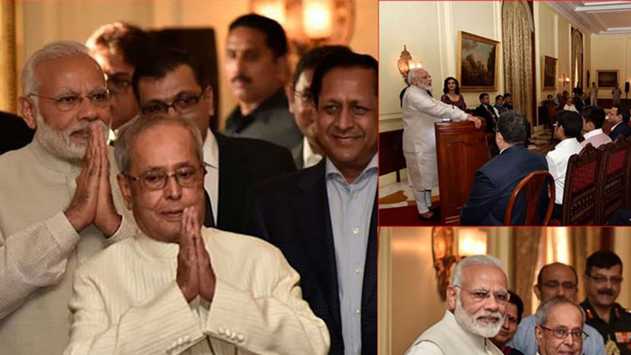 (ವಿಡಿಯೋ)'ನಾನು ಪ್ರಧಾನಿಯಾದಾಗ, ರಾಷ್ಟ್ರಪತಿ ಮುಖರ್ಜಿ ನನ್ನನ್ನು ತಂದೆಯಂತೆ ನೋಡಿಕೊಂಡಿದ್ದಾರೆ' ಎಂದು ಗದ್ಗದಿತರಾದ ಮೋದಿ!