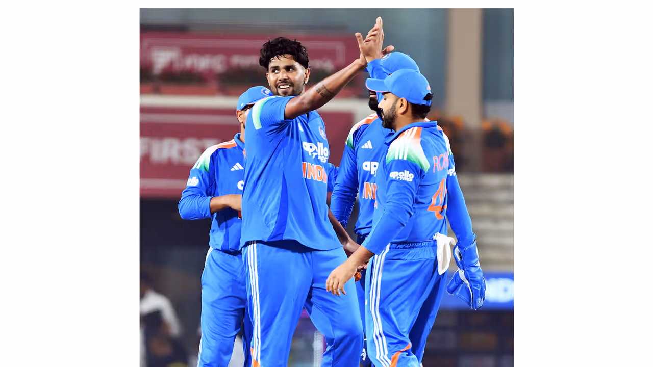 Harshit Rana celebrating a wicket. (Photo: ANI) Harshit Rana celebrating a wicket. (Photo: ANI)