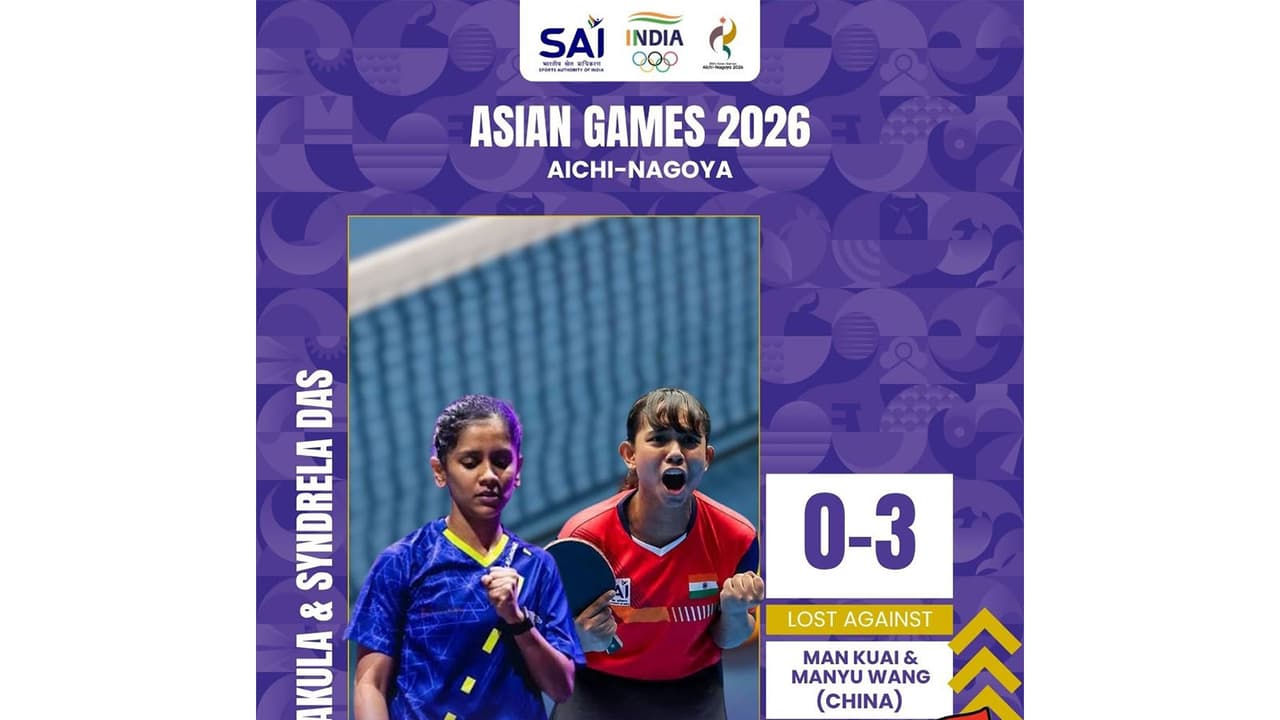 Indian table tennis pair of Sreeja Akula and Syndrela Das were beaten 0 3 by China’s Kuai Man and Wang Manyu. (Photo: X/ @Media_SAI) Indian table tennis pair of Sreeja Akula and Syndrela Das were beaten 0 3 by China’s Kuai Man and Wang Manyu. (Photo: X/ @Media_SAI)
