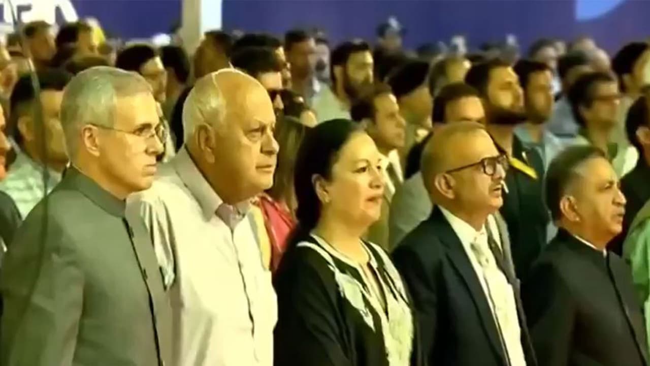 Chief Minister Omar Abdullah and National Conference president Farooq Abdullah stood through the full rendition of Vande Mataram (Photo: @kcvenugopalmp/ x) Chief Minister Omar Abdullah and National Conference president Farooq Abdullah stood through the full rendition of Vande Mataram (Photo: @kcvenugopalmp/ x)