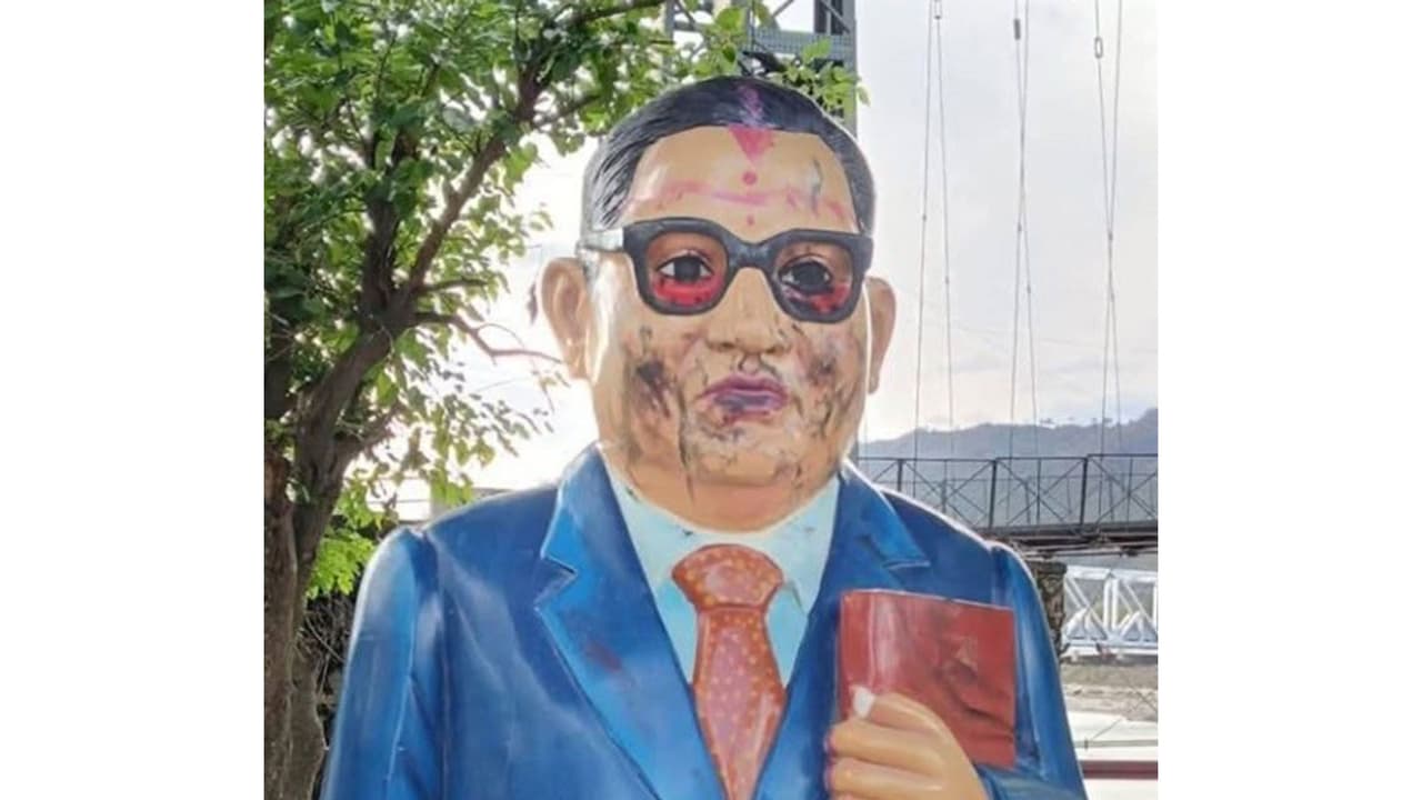 The vandalised statue of BR Ambedkar in Srinagar in Uttarakhand (Photo/ANI) The vandalised statue of BR Ambedkar in Srinagar in Uttarakhand (Photo/ANI)