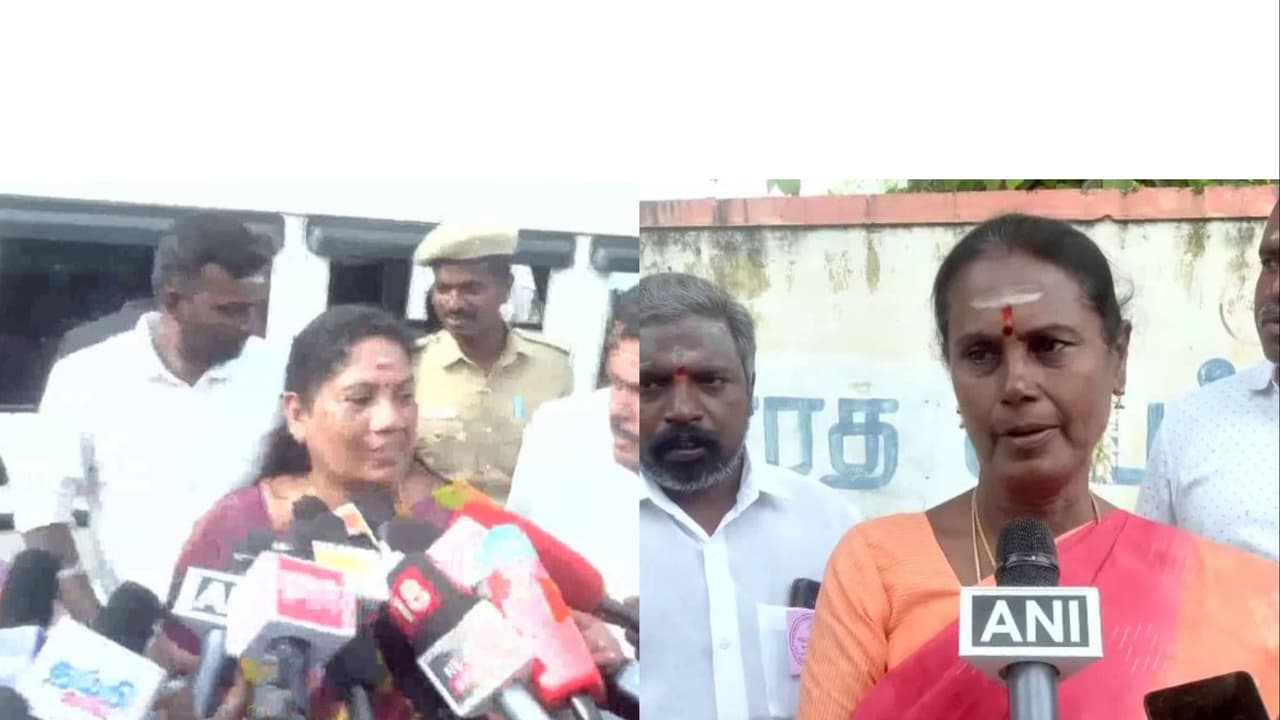 TVK candidate P Sathyabama and AIADMK candidate Bhanumathi (Photo/ANI) TVK candidate P Sathyabama and AIADMK candidate Bhanumathi (Photo/ANI)