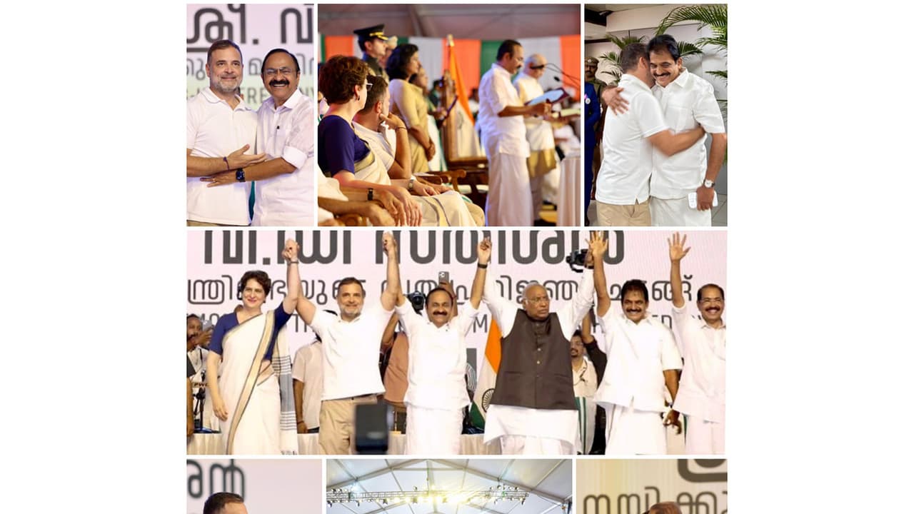 Collage of visuals from today’s oath taking ceremony of VD Satheesan and Keralam Cabinet in Thiruvananthapuram (Photo: x/@RahulGandhi) Collage of visuals from today’s oath taking ceremony of VD Satheesan and Keralam Cabinet in Thiruvananthapuram (Photo: x/@RahulGandhi)