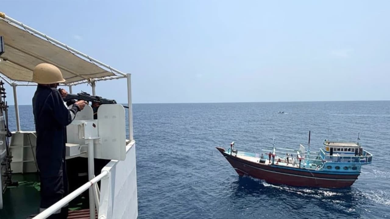 The Indian Coast Guard intercepts an Iranian dhow carrying approximately 526 kg of heroin and methamphetamine worth over Rs 3,000 crore in the Arabian Sea west of Lakshadweep. (Photo: Indian Coast Guard) The Indian Coast Guard intercepts an Iranian dhow carrying approximately 526 kg of heroin and methamphetamine worth over Rs 3,000 crore in the Arabian Sea west of Lakshadweep. (Photo: Indian Coast Guard)