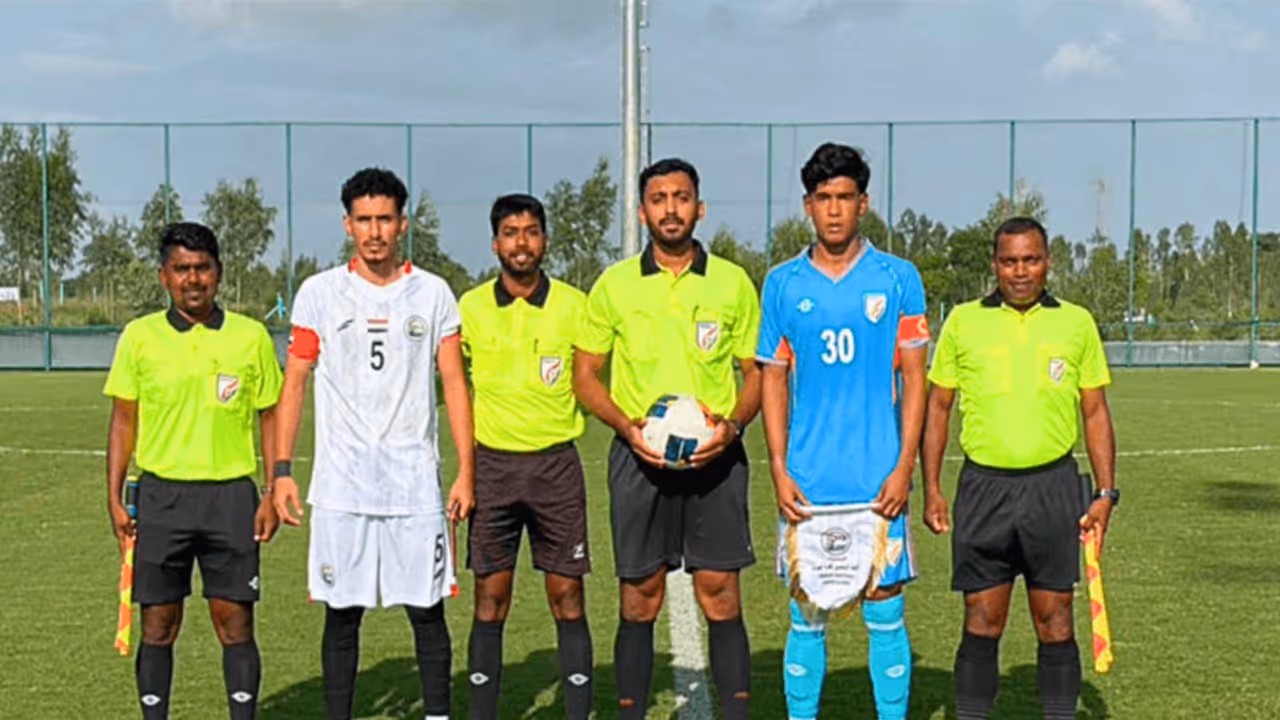 India and Yemen U20 skippers with match officials before a friendly match in Bengaluru. (Photo: AIFF Media) India and Yemen U20 skippers with match officials before a friendly match in Bengaluru. (Photo: AIFF Media)