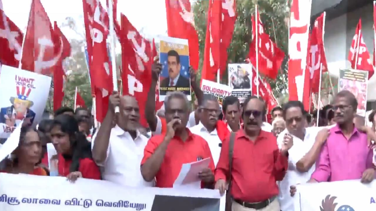 CPI cadres staging a protest near the U.S. Consulate General in Chennai against the USA attack on Venezuela (Photo/ANI) CPI cadres staging a protest near the U.S. Consulate General in Chennai against the USA attack on Venezuela (Photo/ANI)