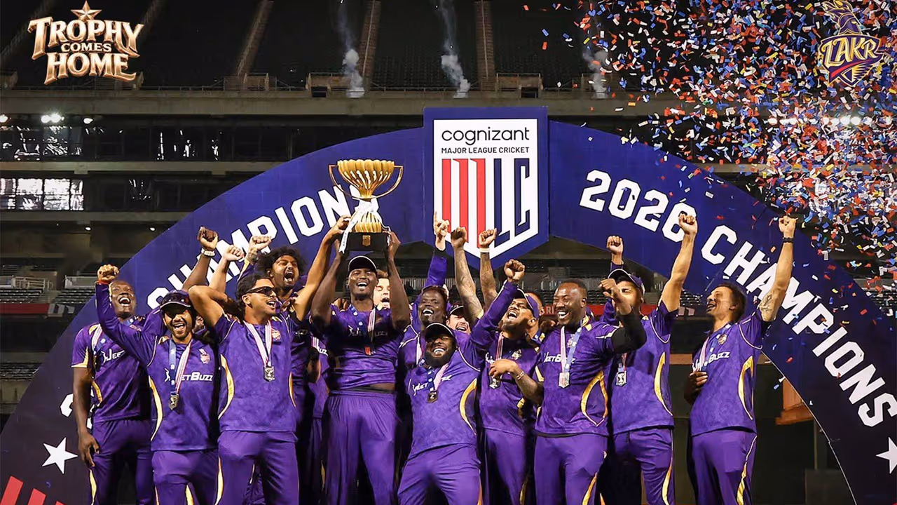 Los Angeles Knight Riders players after winning the MLC 2026 trophy. (Photo: X/ @LA_KnightRiders) Los Angeles Knight Riders players after winning the MLC 2026 trophy. (Photo: X/ @LA_KnightRiders)