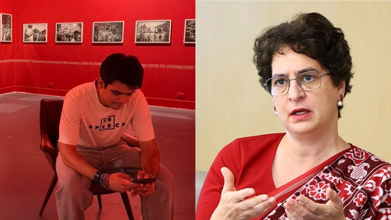 Raihan Vadra at his exhibition (L) and Congress MP Priyanka Gandhi Vadra (R) (Photo/@priyankagandhi, ANI) Raihan Vadra at his exhibition (L) and Congress MP Priyanka Gandhi Vadra (R) (Photo/@priyankagandhi, ANI)