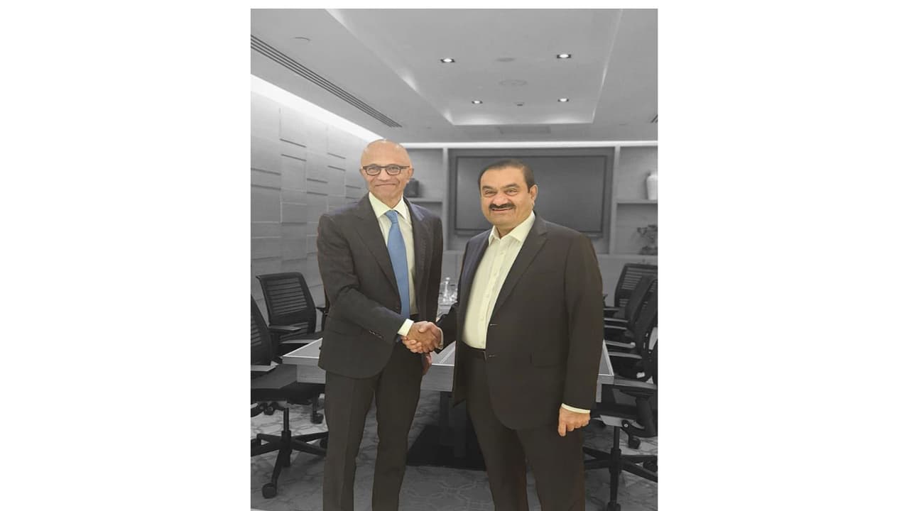 Microsoft Chairman and CEO Satya Nadella and Adani Group Chairman Gautam Adani (Image: X/@gautam_adani)