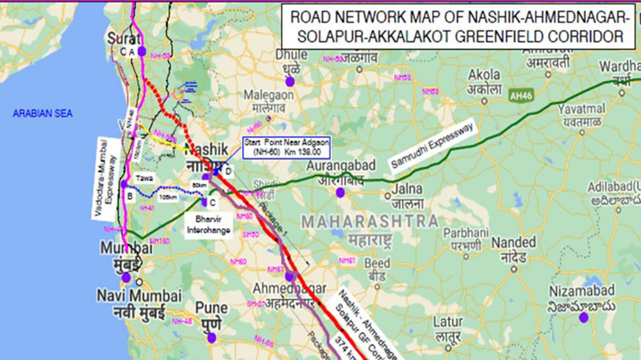 Road Network Map of Greenfield access controlled Nashik Solapur Akkalkot Corridor (Photo/PIB) Road Network Map of Greenfield access controlled Nashik Solapur Akkalkot Corridor (Photo/PIB)