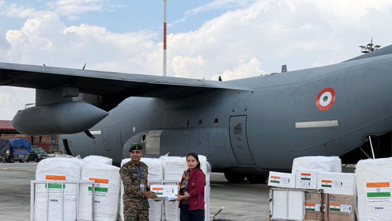 Indian Air Force personnel hand over relief supplies to Nepal following the catastrophic floods, with 11 tonnes of essential materials delivered from New Delhi. (Photo: X/@MEAIndia) Indian Air Force personnel hand over relief supplies to Nepal following the catastrophic floods, with 11 tonnes of essential materials delivered from New Delhi. (Photo: X/@MEAIndia)