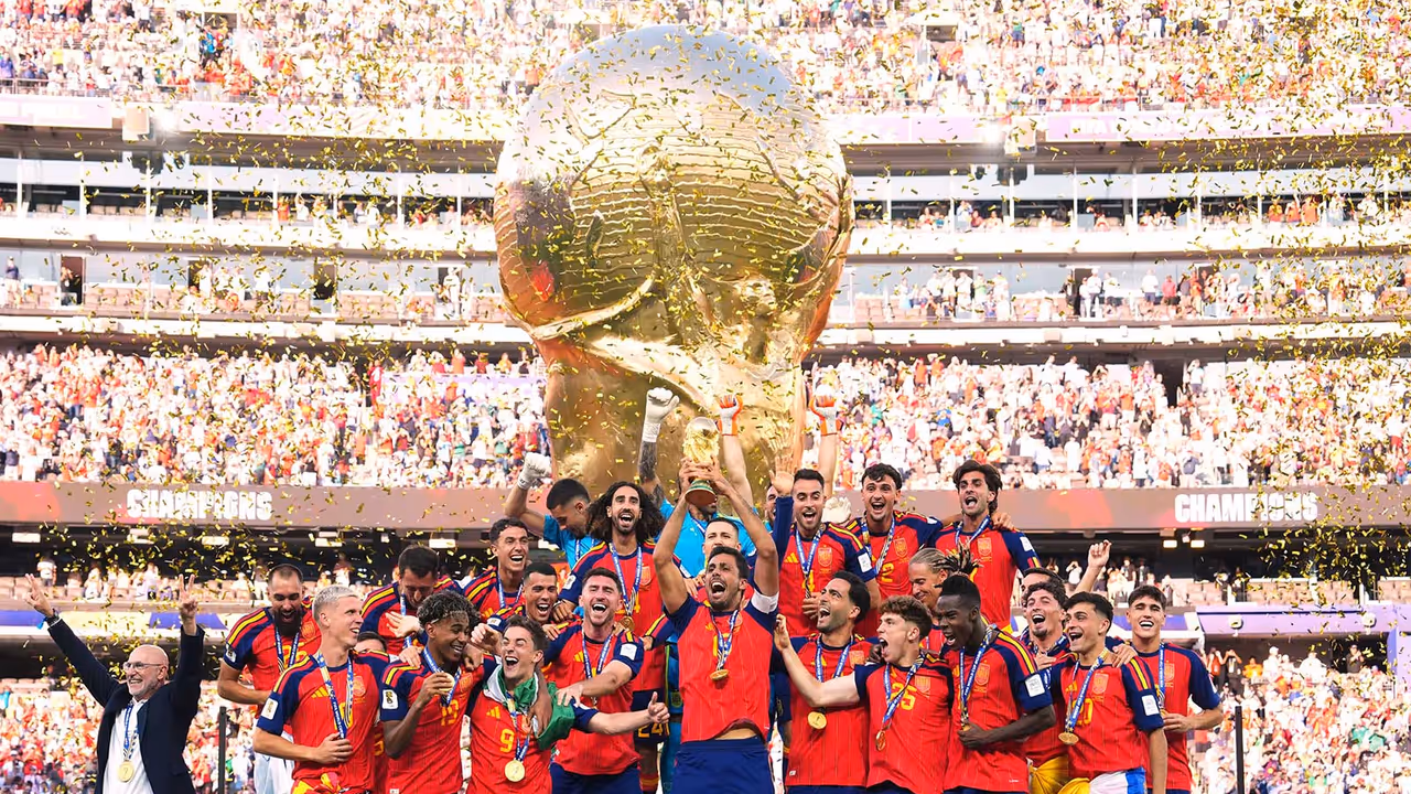 Spain players celebrating with FIFA World Cup trophy. (X/@SEFutbol) Spain players celebrating with FIFA World Cup trophy. (X/@SEFutbol)