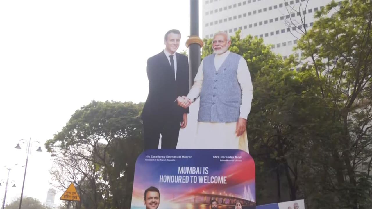 Posters and banners welcoming French President Emmanuel Macron and First Lady Brigitte Macron adorn the streets of Mumbai. (Photo/ANI) Posters and banners welcoming French President Emmanuel Macron and First Lady Brigitte Macron adorn the streets of Mumbai. (Photo/ANI)