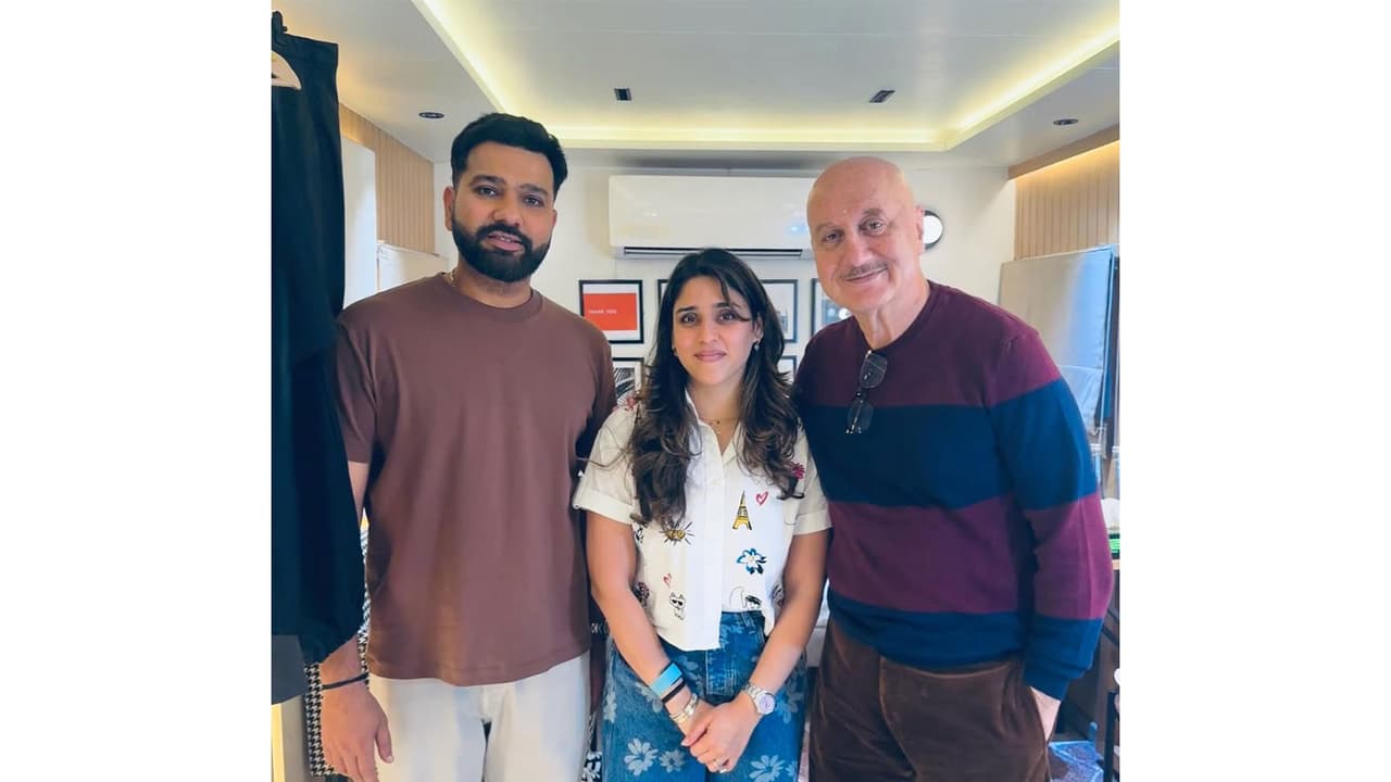 Anupam Kher with Rohit sharma, Ritika Sajdeh (Photo/instagram/@anupampkher) Anupam Kher with Rohit sharma, Ritika Sajdeh (Photo/instagram/@anupampkher)