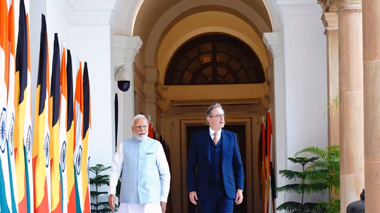 Prime Minister Narendra Modi and his Belgian counterpart Bart De Wever at Hyderabad House in New Delhi. (Photo: X/@MEAIndia) Prime Minister Narendra Modi and his Belgian counterpart Bart De Wever at Hyderabad House in New Delhi. (Photo: X/@MEAIndia)