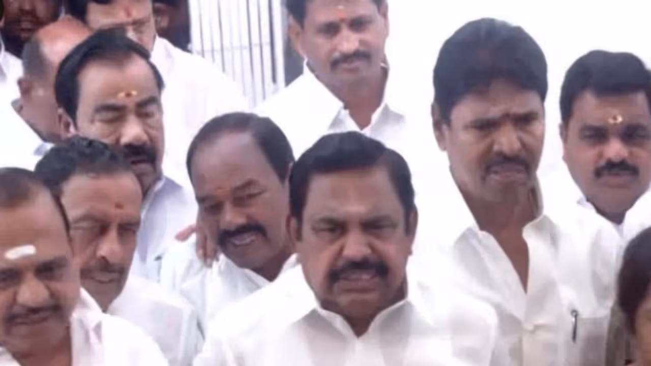 AIADMK general secretary Edappadi K Palaniswami along with party MLAs (Photo/ANI) AIADMK general secretary Edappadi K Palaniswami along with party MLAs (Photo/ANI)
