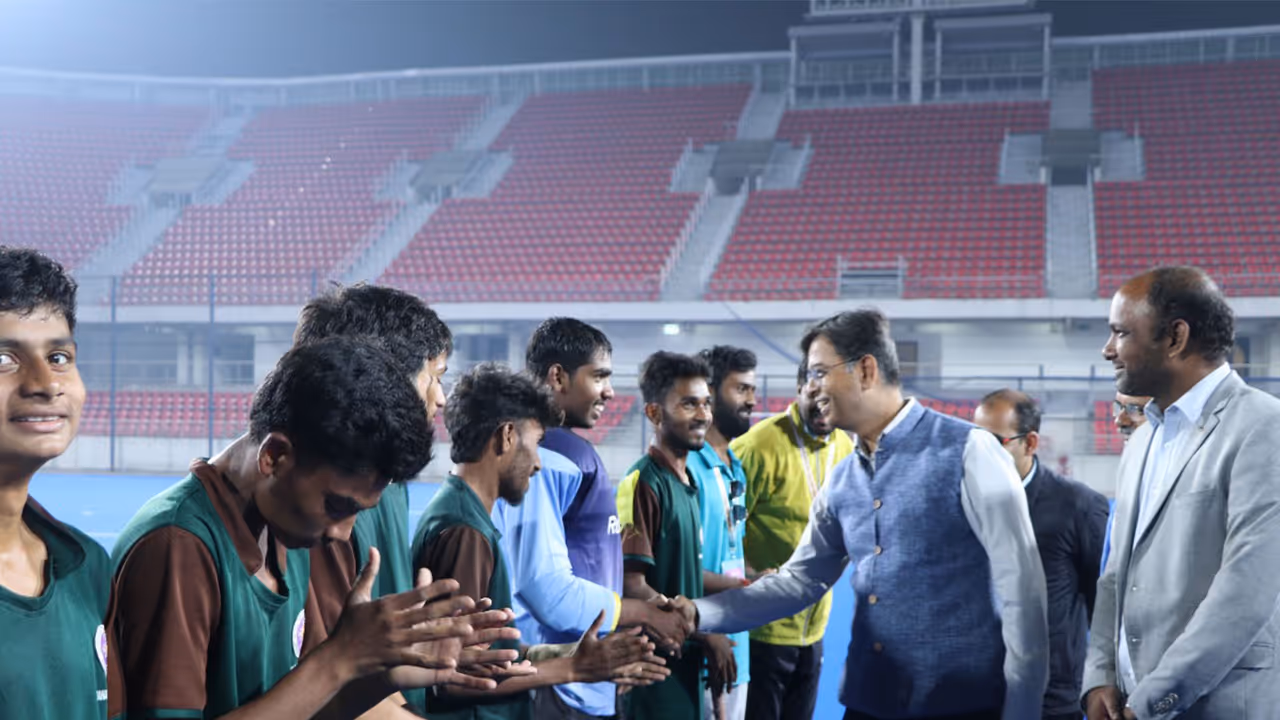 Student atheletes at the Hockey final in Rourkela's stadium (Photo/ANI) Student atheletes at the Hockey final in Rourkela's stadium (Photo/ANI)