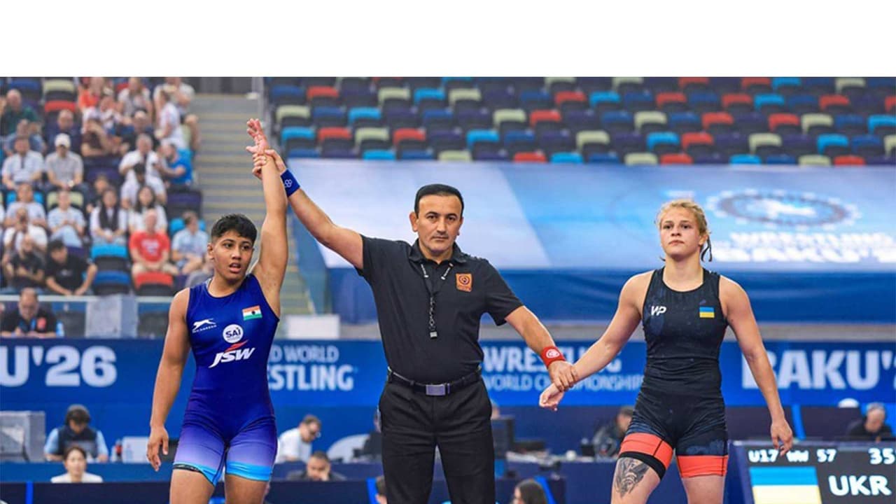 U17 Wrestling World Championships 57kg WW Nikita Sehrawat (IND) df. Mariia Poltorak (UKR). (Photo/WFI) U17 Wrestling World Championships 57kg WW Nikita Sehrawat (IND) df. Mariia Poltorak (UKR). (Photo/WFI)