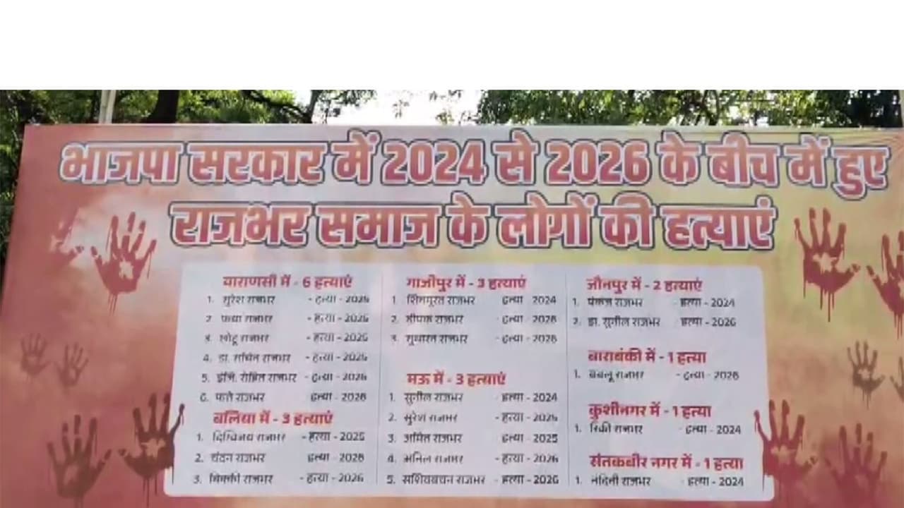 Samajwadi Party poster alleging Rajbhar community killings sparks political row (Photo/ANI) Samajwadi Party poster alleging Rajbhar community killings sparks political row (Photo/ANI)