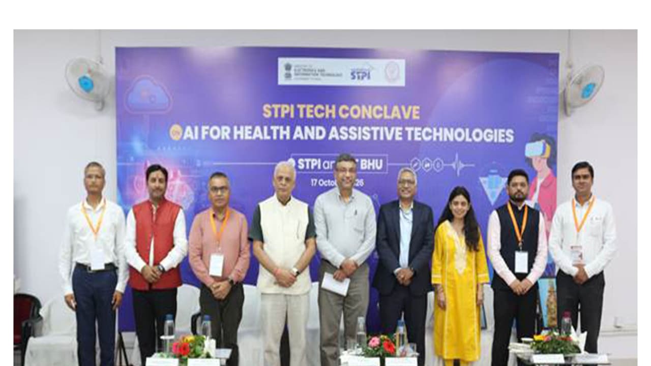 Dignitaries on the dais during the Tech Conclave on “AI for Health & Assistive Technologies” jointly organised by STPI and CIIE at IIT BHU, in Varanasi. (Photo/Ministry of Electronics & IT) Dignitaries on the dais during the Tech Conclave on “AI for Health & Assistive Technologies” jointly organised by STPI and CIIE at IIT BHU, in Varanasi. (Photo/Ministry of Electronics & IT)