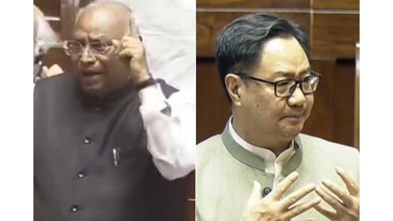 Leader of Opposition in the Rajya Sabha, Mallikarjun Kharge and Parliamentary Affairs Minister Kiren Rijiju (Photo/ Sansad tv) Leader of Opposition in the Rajya Sabha, Mallikarjun Kharge and Parliamentary Affairs Minister Kiren Rijiju (Photo/ Sansad tv)