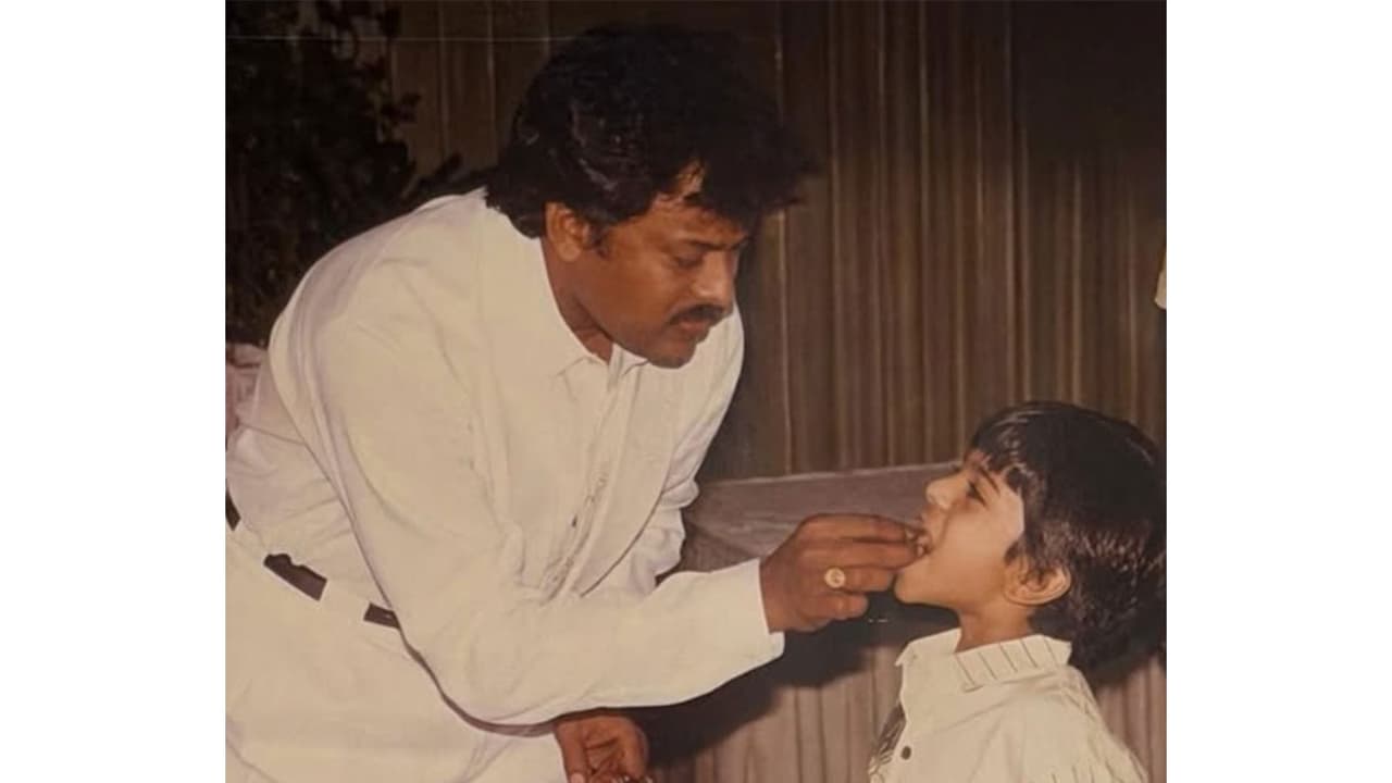Ram Charan's childhood pic with dad Chiranjeevi (Image source: Chiranjeevi's Instagram) Ram Charan's childhood pic with dad Chiranjeevi (Image source: Chiranjeevi's Instagram)