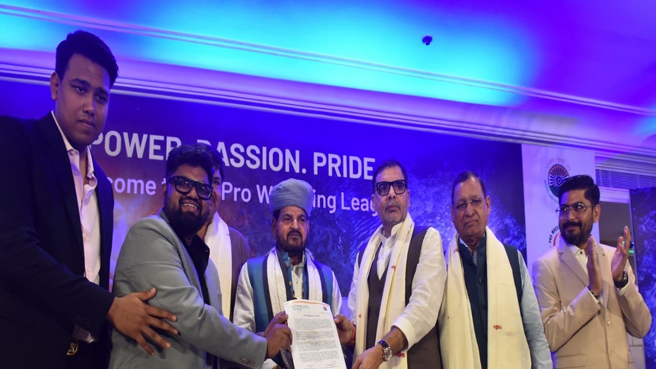 Brij Bhushan Singh (centre) at the event. (Photo: WFI/Pro Wrestling League) Brij Bhushan Singh (centre) at the event. (Photo: WFI/Pro Wrestling League)