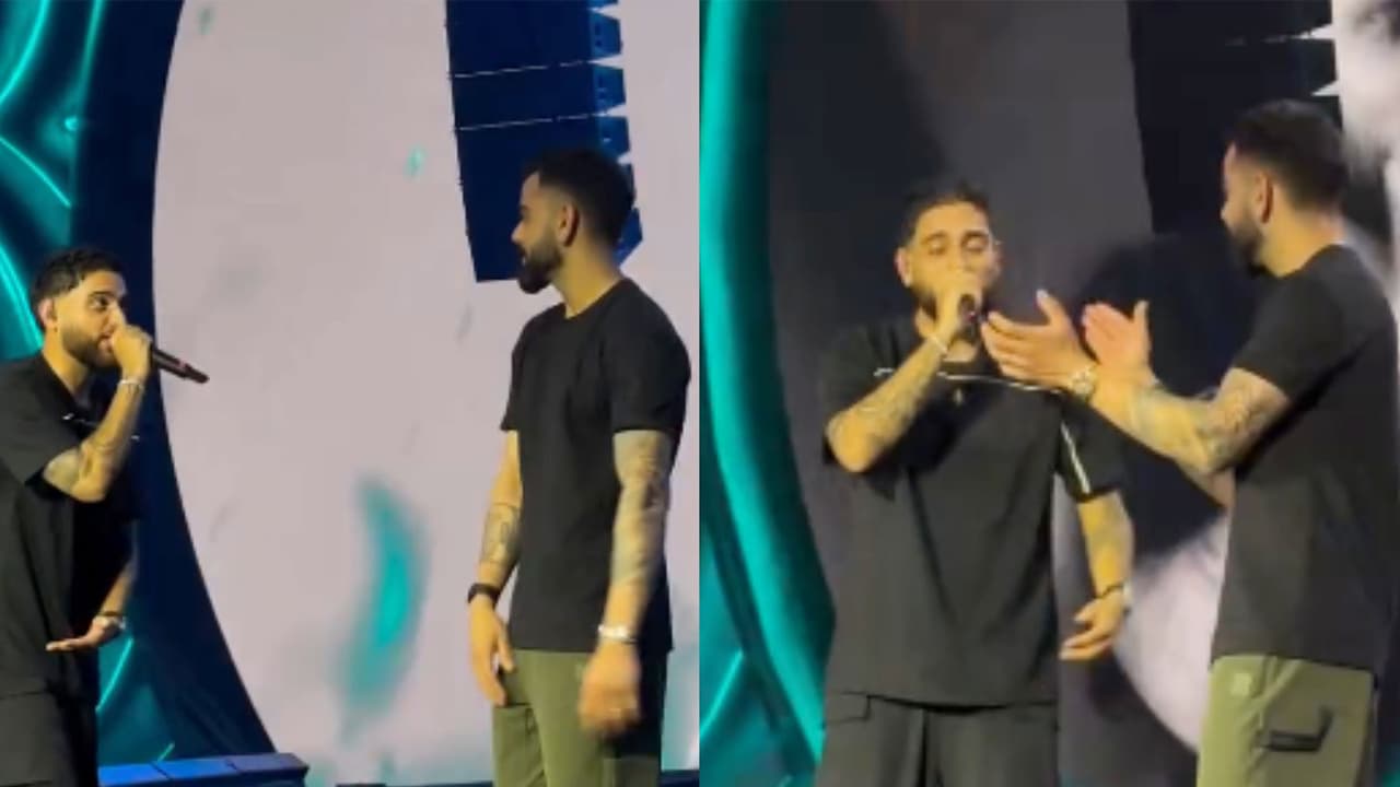 Karan Aujla performs to 'Winning Speech' alongside Virat Kohli (Photo/Instagram@one8world) Karan Aujla performs to 'Winning Speech' alongside Virat Kohli (Photo/Instagram@one8world)