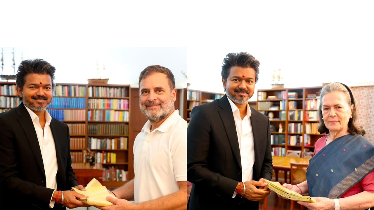 Tamil Nadu CM Vijay meets Rahul Gandhi, Sonia Gandhi (Photo/Congress) Tamil Nadu CM Vijay meets Rahul Gandhi, Sonia Gandhi (Photo/Congress)