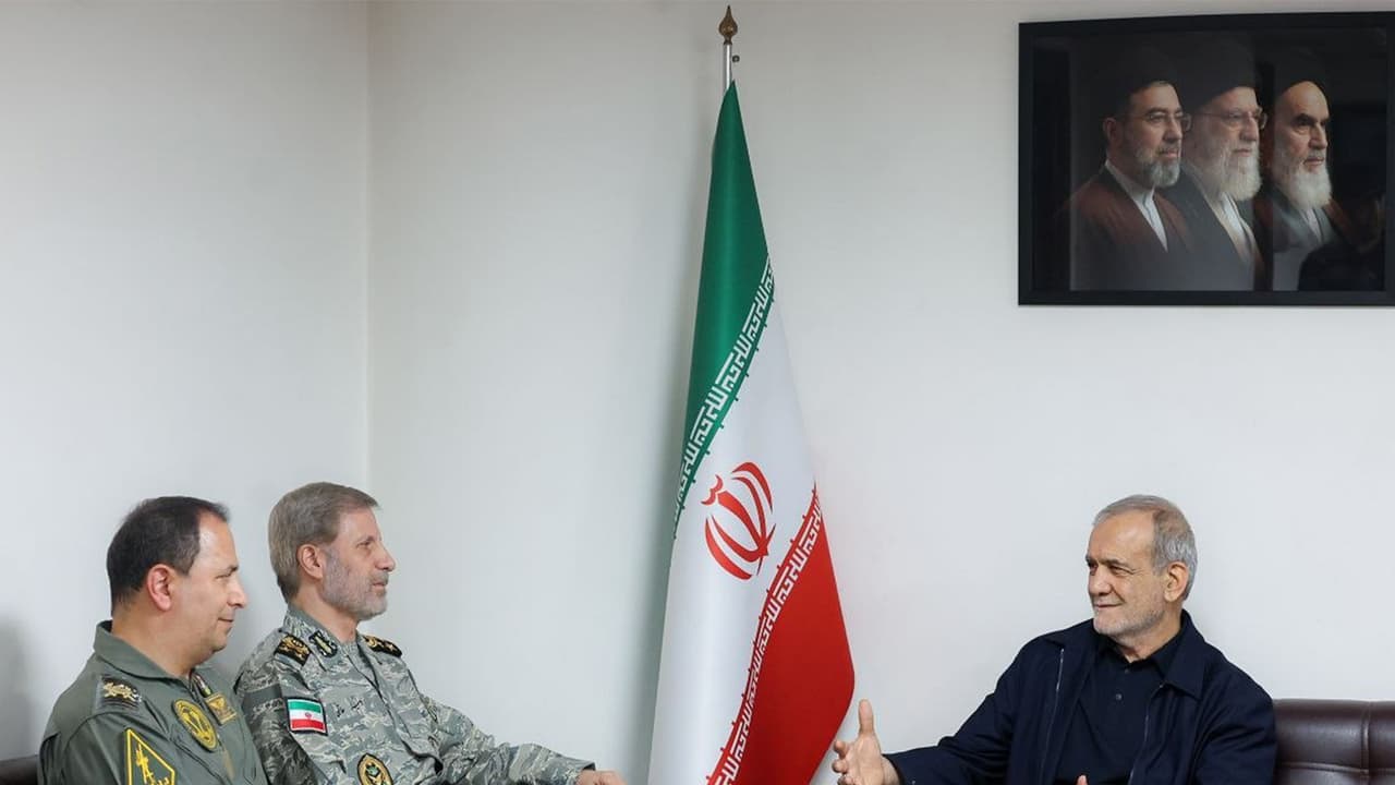 Iranian President Masoud Pezeshkian meets Iranian Army Commander in Chief Major General Amir Hatami during a high level security meeting focused on military readiness and national defence. (Image Source: Iranian state media) Iranian President Masoud Pezeshkian meets Iranian Army Commander in Chief Major General Amir Hatami during a high level security meeting focused on military readiness and national defence. (Image Source: Iranian state media)