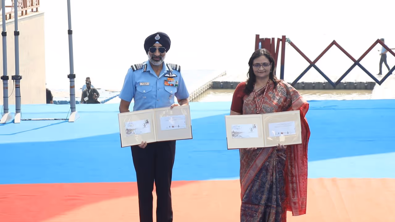 Air Chief Marshal AP Singh releases a special cover during the IAF aerial display at Namo Ghat in Varanasi (Photo/X/@CAC_CPRO) Air Chief Marshal AP Singh releases a special cover during the IAF aerial display at Namo Ghat in Varanasi (Photo/X/@CAC_CPRO)