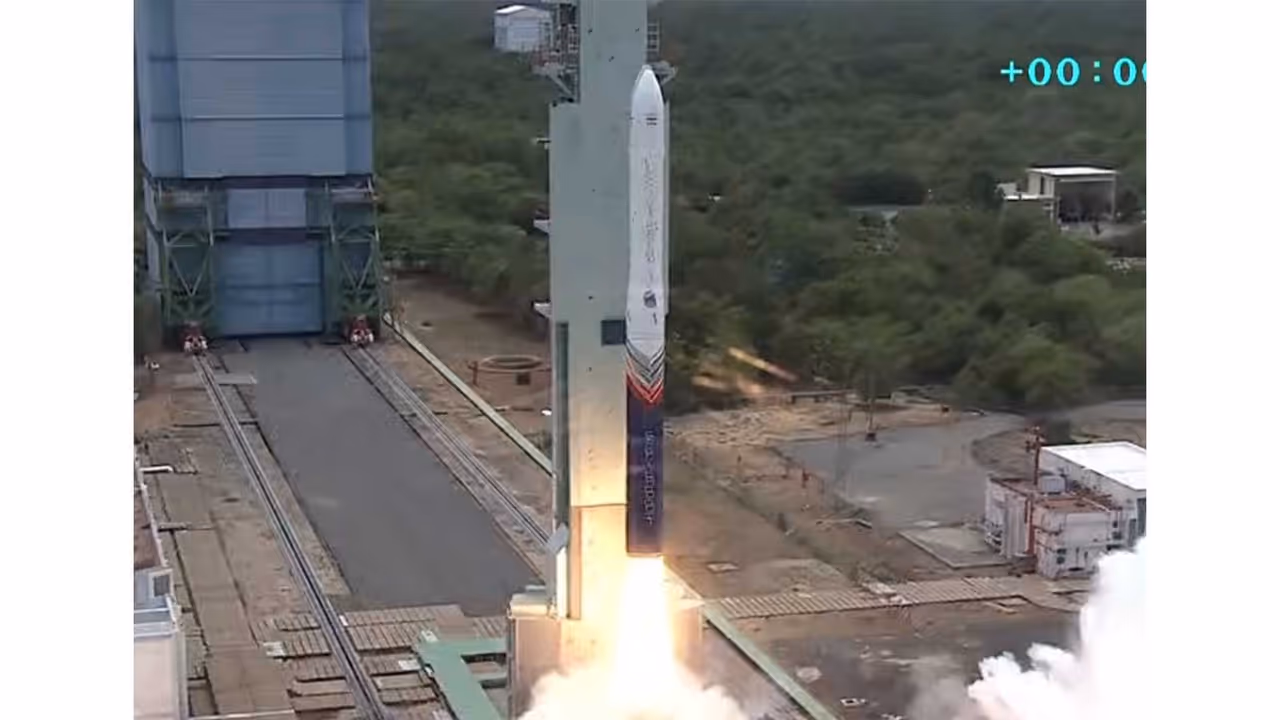 Skyroot Aerospace's Vikram 1 rocket lifts off from the Satish Dhawan Space Centre during its maiden orbital flight under Mission Aagaman. (Photo: X/@SGinIndia) Skyroot Aerospace's Vikram 1 rocket lifts off from the Satish Dhawan Space Centre during its maiden orbital flight under Mission Aagaman. (Photo: X/@SGinIndia)