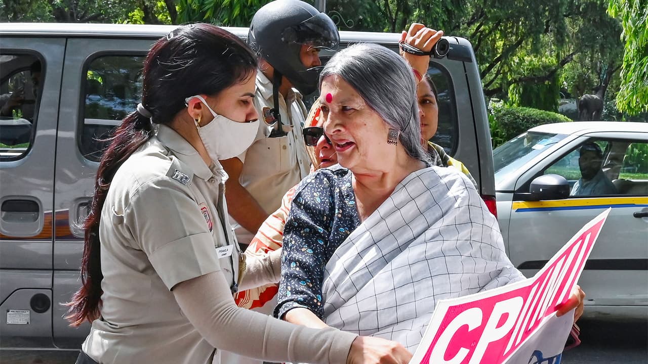 CPI(M) leader Brinda Karat during the protest (Photo/ANI) CPI(M) leader Brinda Karat during the protest (Photo/ANI)