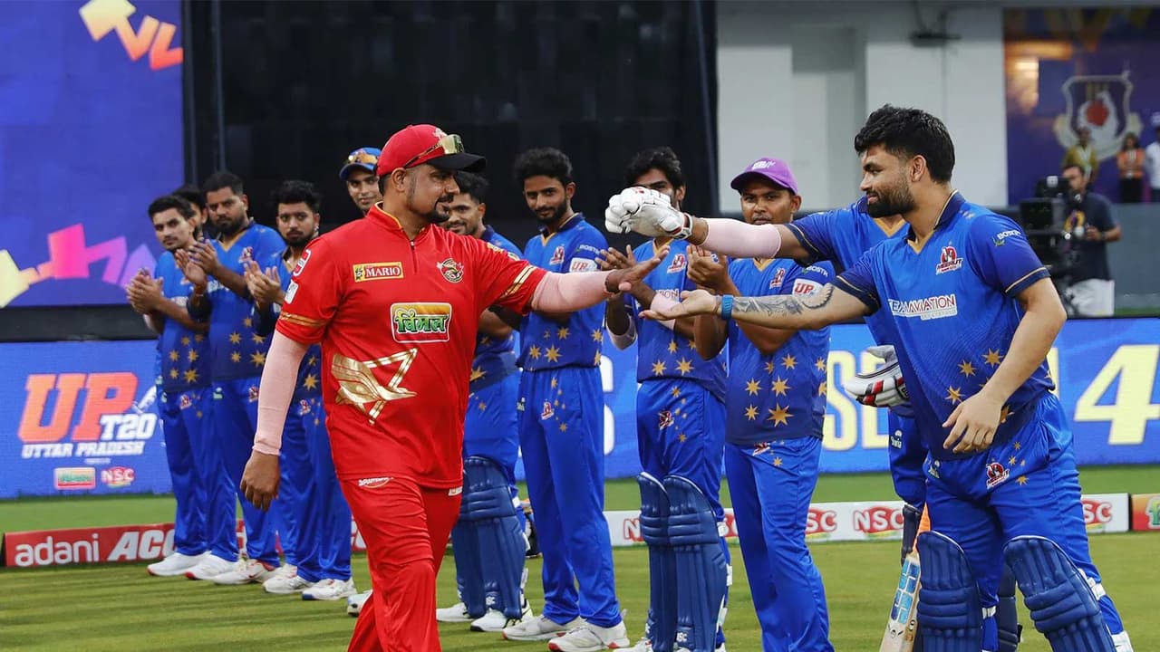 Karn Sharma thanking Meerut Mavericks skipper Rinku Singh. (Photo: UPT20 League) Karn Sharma thanking Meerut Mavericks skipper Rinku Singh. (Photo: UPT20 League)