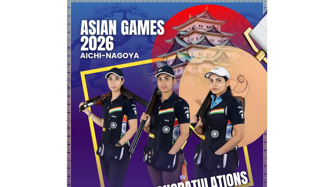 India women's skeet team secured bronze medal at Asian Games 2026. (Photo: X/ @mansukhmandviya) India women's skeet team secured bronze medal at Asian Games 2026. (Photo: X/ @mansukhmandviya)