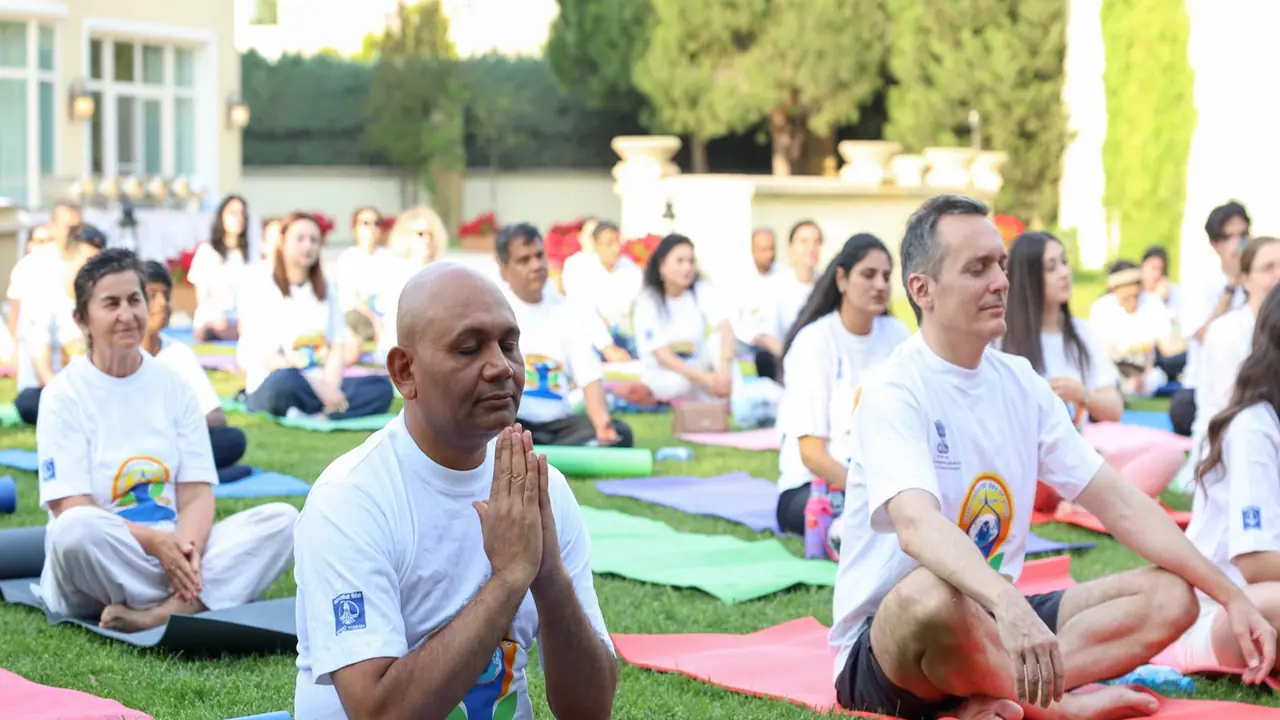 Ambassador Abhay Kumar participates in special yoga session organised at Embassy of India in Baku (Photo/X/@indembassybaku) Ambassador Abhay Kumar participates in special yoga session organised at Embassy of India in Baku (Photo/X/@indembassybaku)