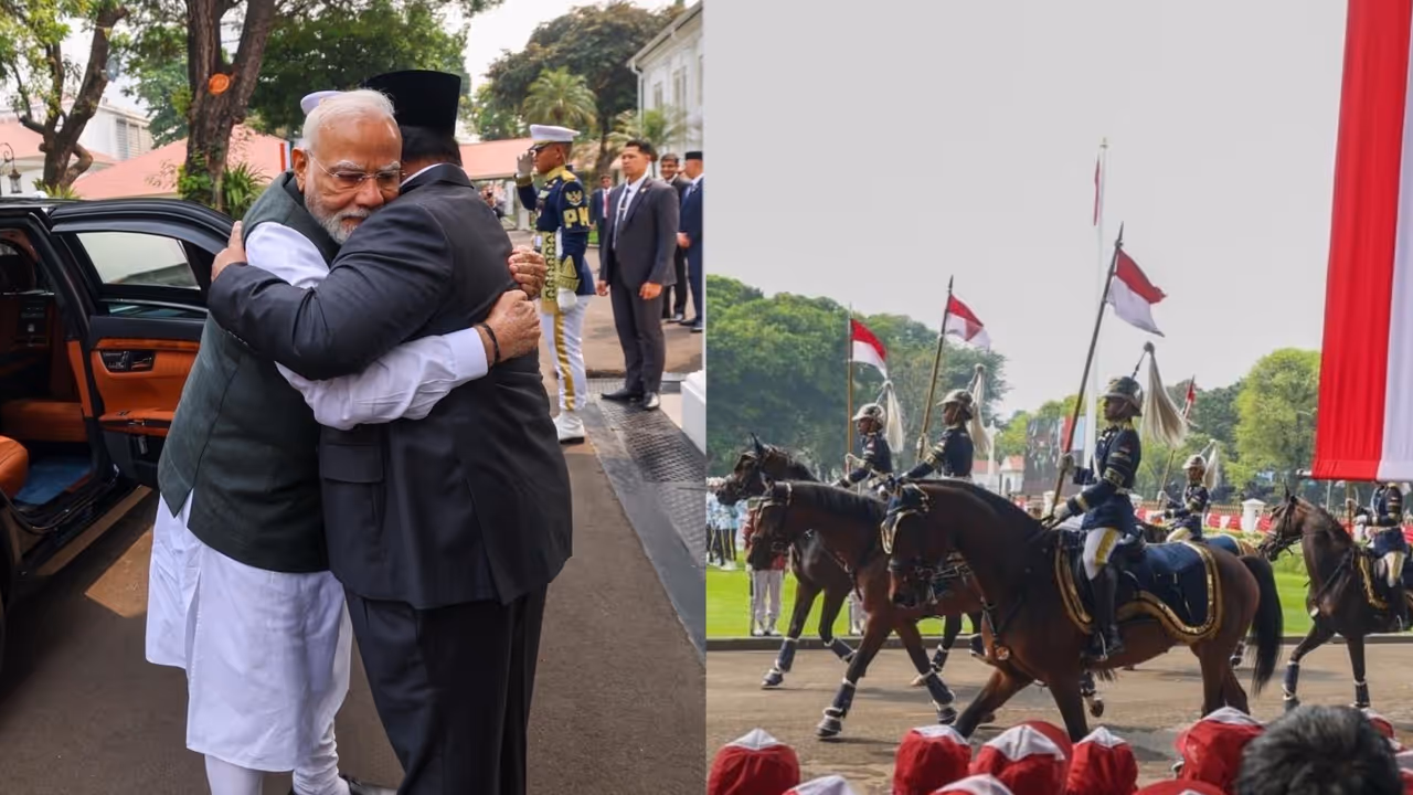 Prime Minister Narendra Modi shares a warm hug with Indonesian President Prabowo Subianto and receives a ceremonial welcome with a Guard of Honour in Jakarta on Tuesday. (Photo: X/@MEAIndia) Prime Minister Narendra Modi shares a warm hug with Indonesian President Prabowo Subianto and receives a ceremonial welcome with a Guard of Honour in Jakarta on Tuesday. (Photo: X/@MEAIndia)