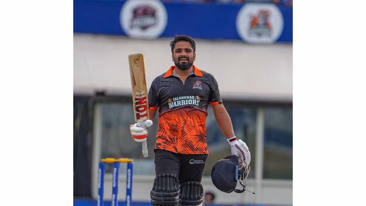 Jalandhar Warriors' captain Prabhsimran Singh celebrates after scoring century in Sher e Punjab T20 League (Image: Sher e Punjab T20 League) Jalandhar Warriors' captain Prabhsimran Singh celebrates after scoring century in Sher e Punjab T20 League (Image: Sher e Punjab T20 League)