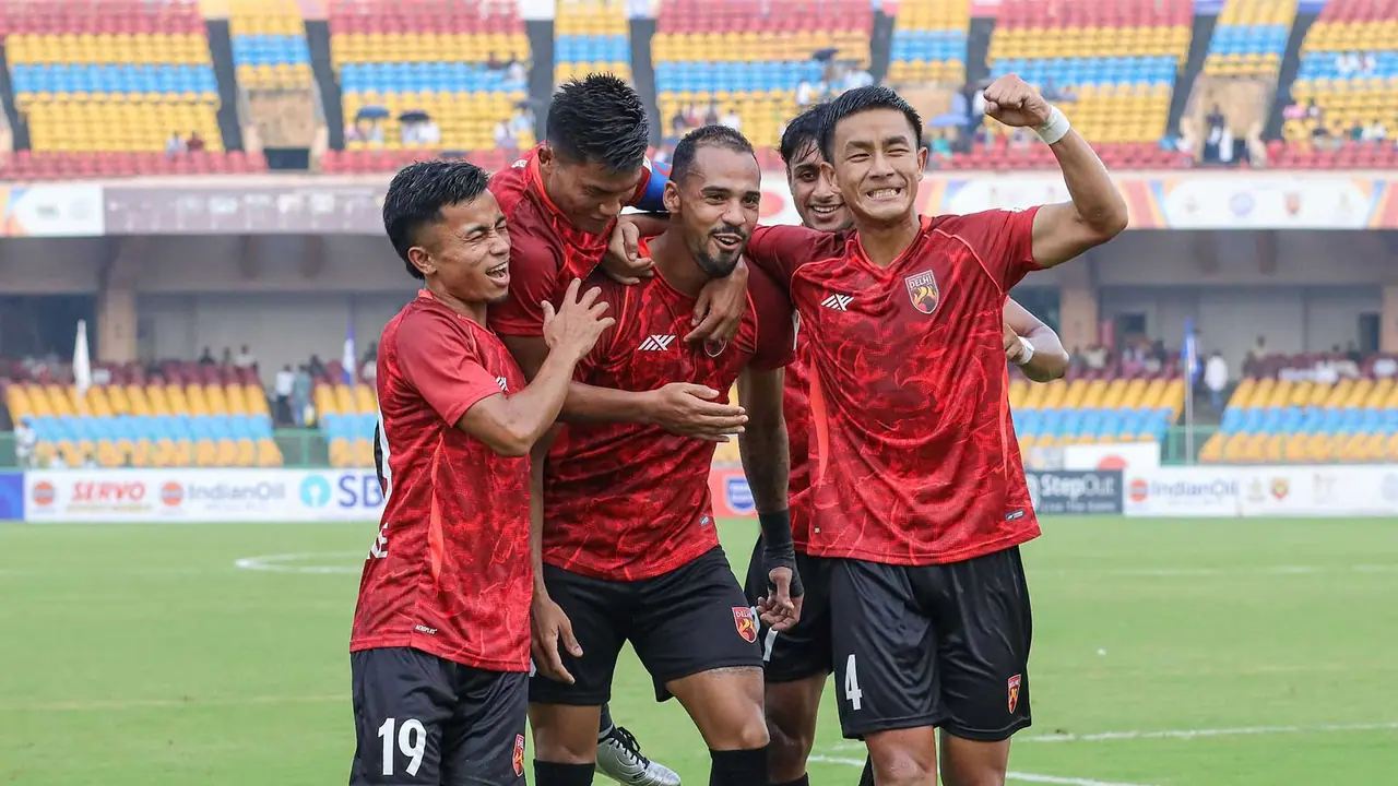 SC Delhi team celebrate after scoring goal against Defenders FC (Image: Durand Cup) SC Delhi team celebrate after scoring goal against Defenders FC (Image: Durand Cup)