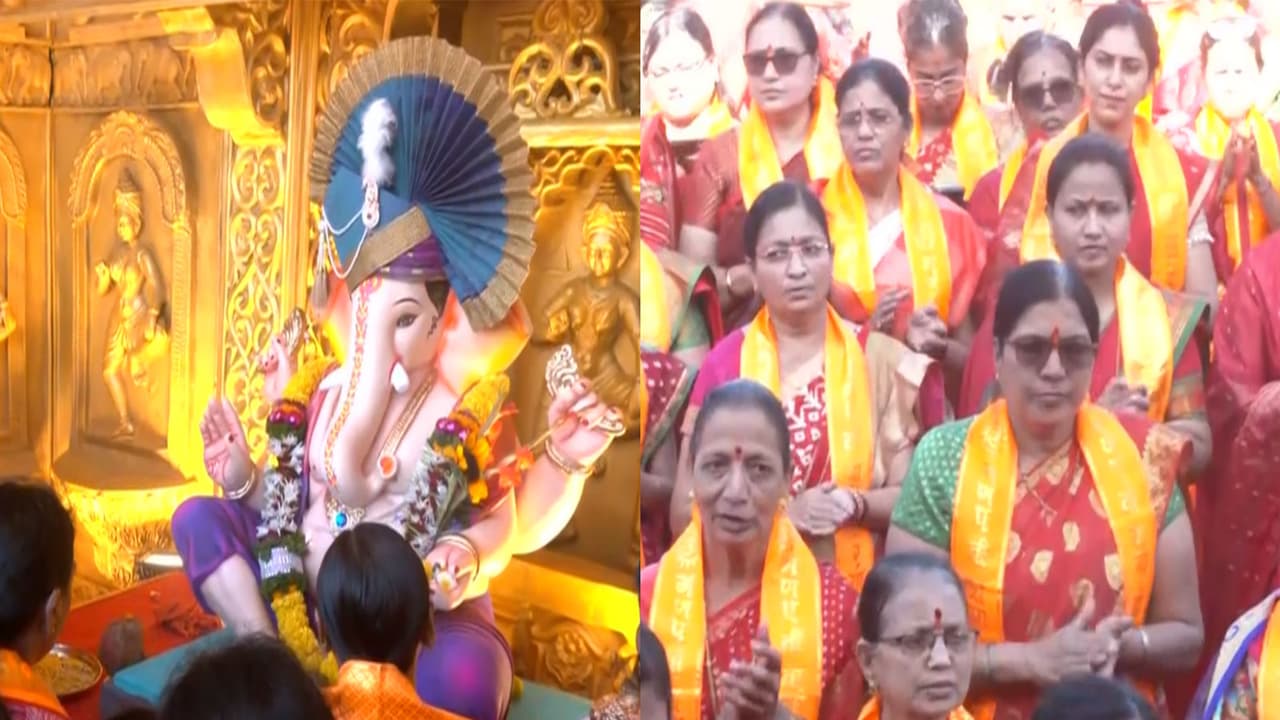 Thousands of women gathered early Tuesday outside the Shrimant Dagdusheth Halwai Sarvajanik Ganapati (Photos/ANI) Thousands of women gathered early Tuesday outside the Shrimant Dagdusheth Halwai Sarvajanik Ganapati (Photos/ANI)