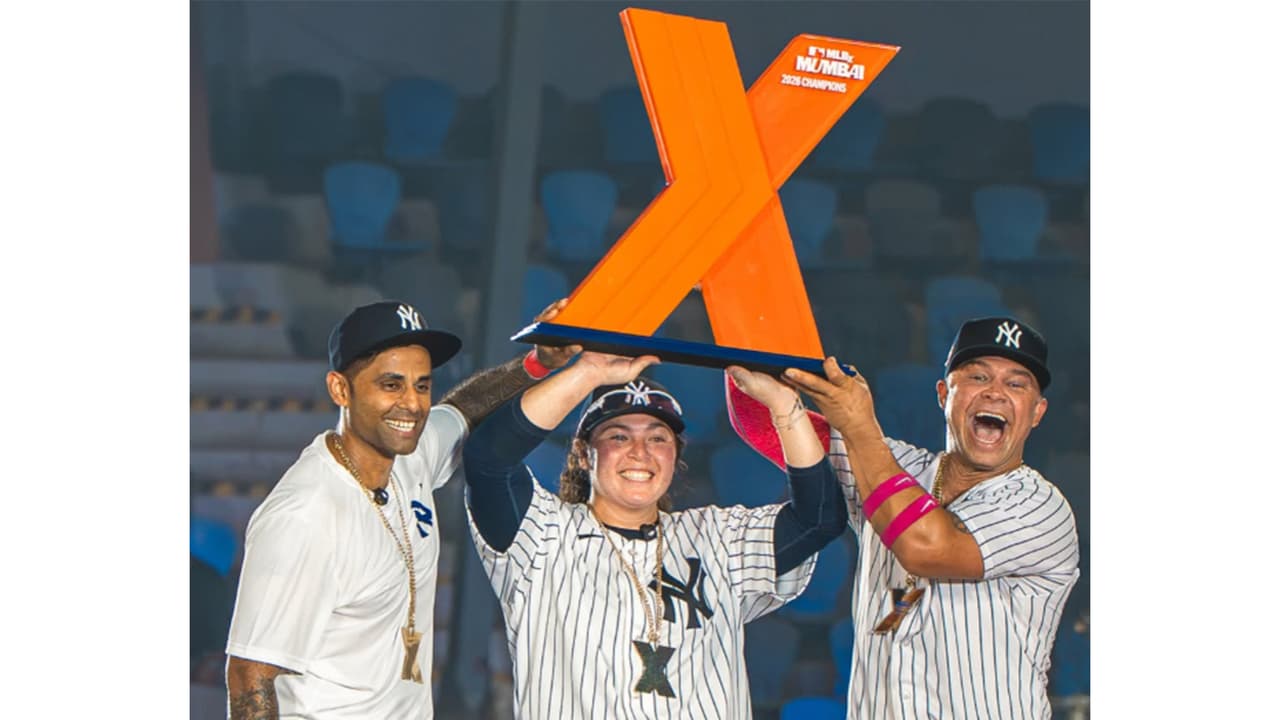 Suryakumar Yadav (left), Rachel Garcia (middle) and Nick Swisher (right) (Photo: Instagram/ @mlb.india) Suryakumar Yadav (left), Rachel Garcia (middle) and Nick Swisher (right) (Photo: Instagram/ @mlb.india)