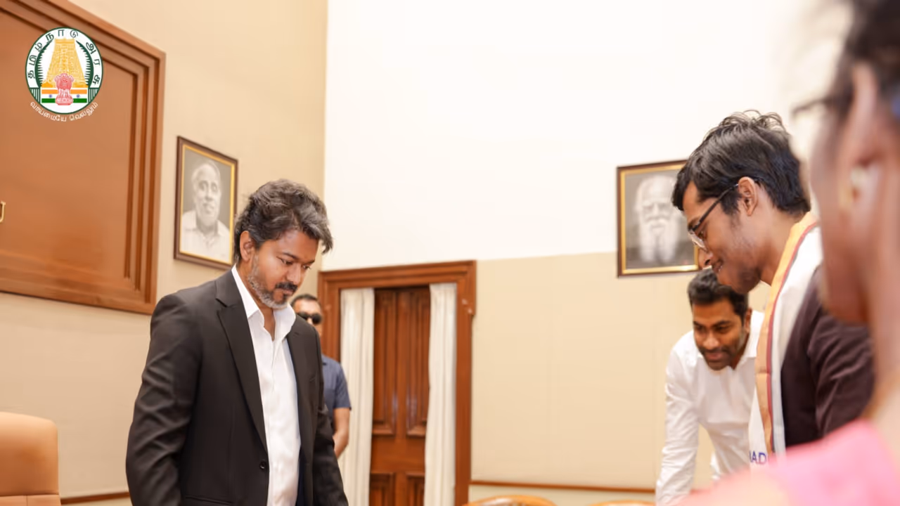 Tamil Nadu CM Vijay with GM Praggnanandhaa. (Photo: X/ @CMOTamilnadu) Tamil Nadu CM Vijay with GM Praggnanandhaa. (Photo: X/ @CMOTamilnadu)