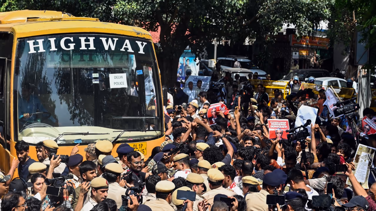 Police detain protesters near Jantar Mantar during a protest seeking CEC Gyanesh Kumar's resignation (Photo/ANI) Police detain protesters near Jantar Mantar during a protest seeking CEC Gyanesh Kumar's resignation (Photo/ANI)