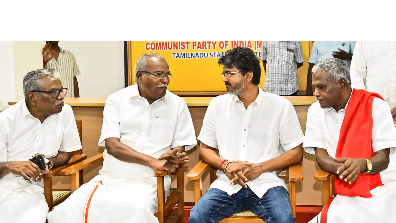 Tamil Nadu CM Vijay with CPIM leaders K Balakrishnan and P Shanmugam (File Photo/ANI) Tamil Nadu CM Vijay with CPIM leaders K Balakrishnan and P Shanmugam (File Photo/ANI)