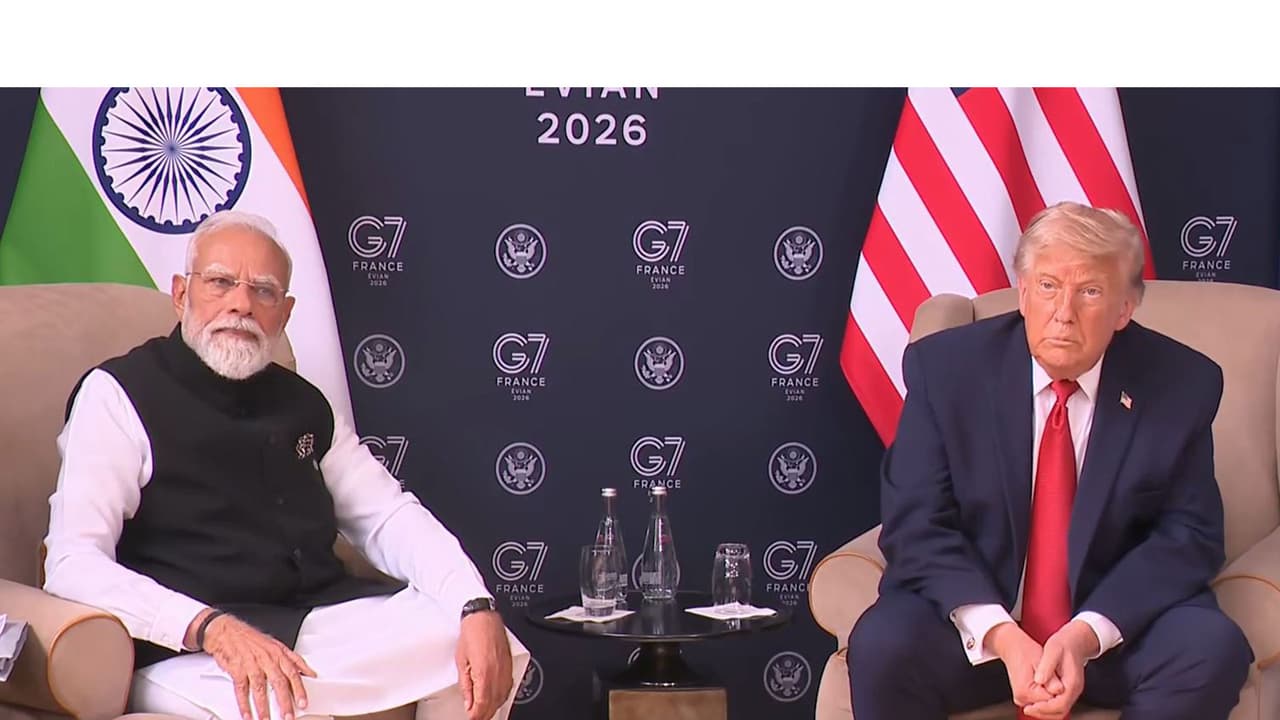 Prime Minister Narendra Modi and US President Donald Trump hold bilateral talks on the sidelines of the G7 Summit in Évian les Bains, France. (Photo/ANI) Prime Minister Narendra Modi and US President Donald Trump hold bilateral talks on the sidelines of the G7 Summit in Évian les Bains, France. (Photo/ANI)