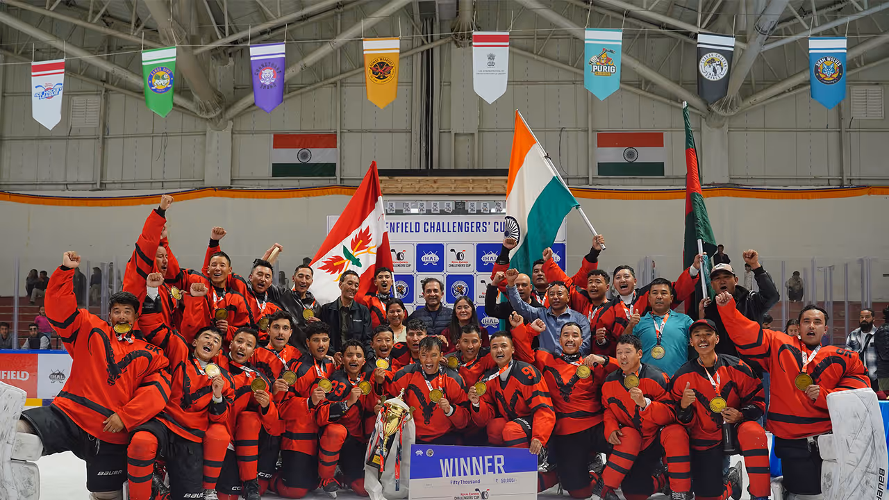 The Indian Army Ice Hockey Team celebrating their win with the trophy (Photo: Royal Enfield Challengers' Cup) The Indian Army Ice Hockey Team celebrating their win with the trophy (Photo: Royal Enfield Challengers' Cup)
